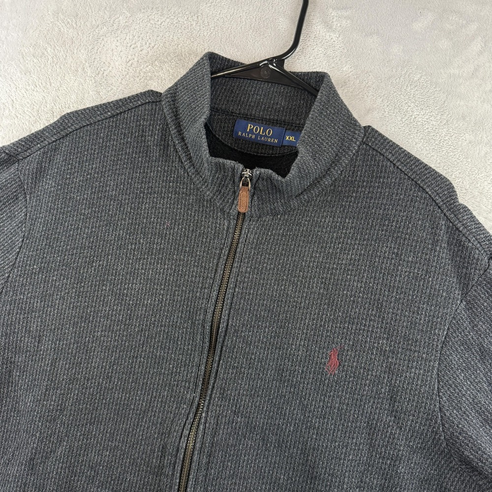 Polo Ralph Lauren Sweater Mens 2XL Gray Waffle Knit Full Zip Mock Neck Pony
